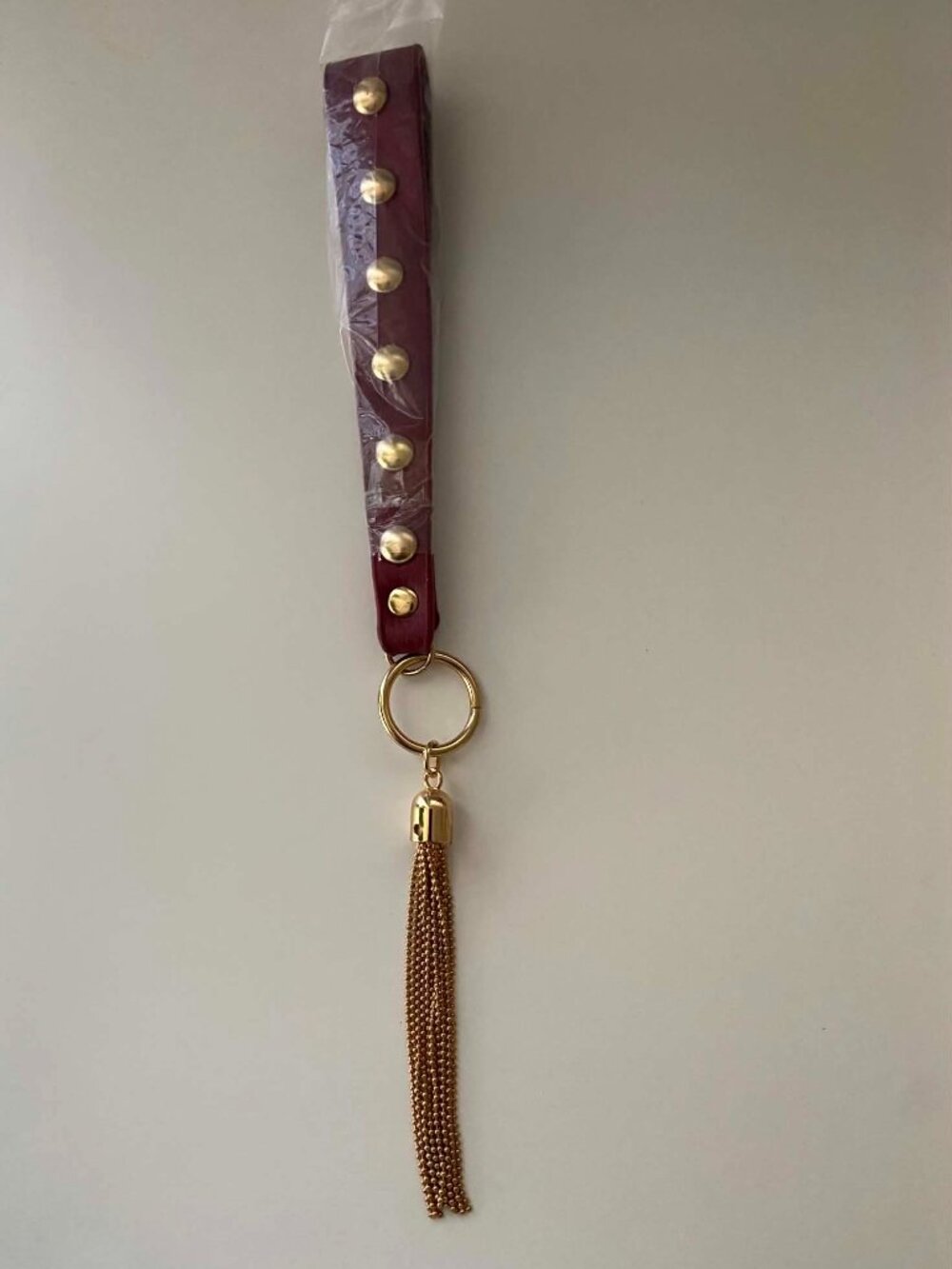 Burgundy Faux Leather Wristlet Keychain Gold Tassel Studded Handbag Strap
